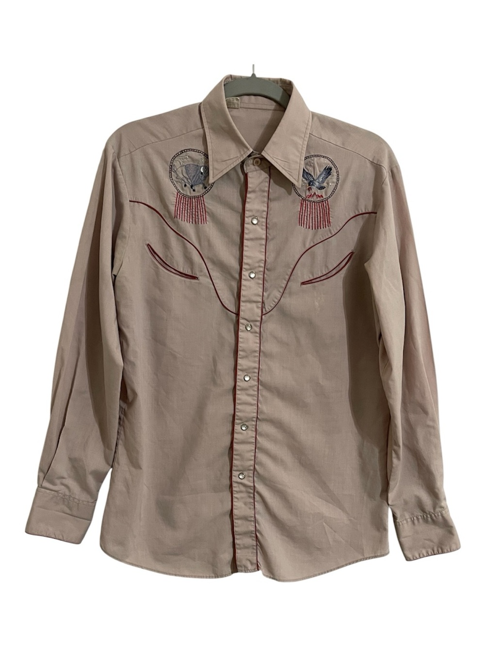 Vintage Men's Casual Western Button-Down Shirt in Beige with Embroidered Accents